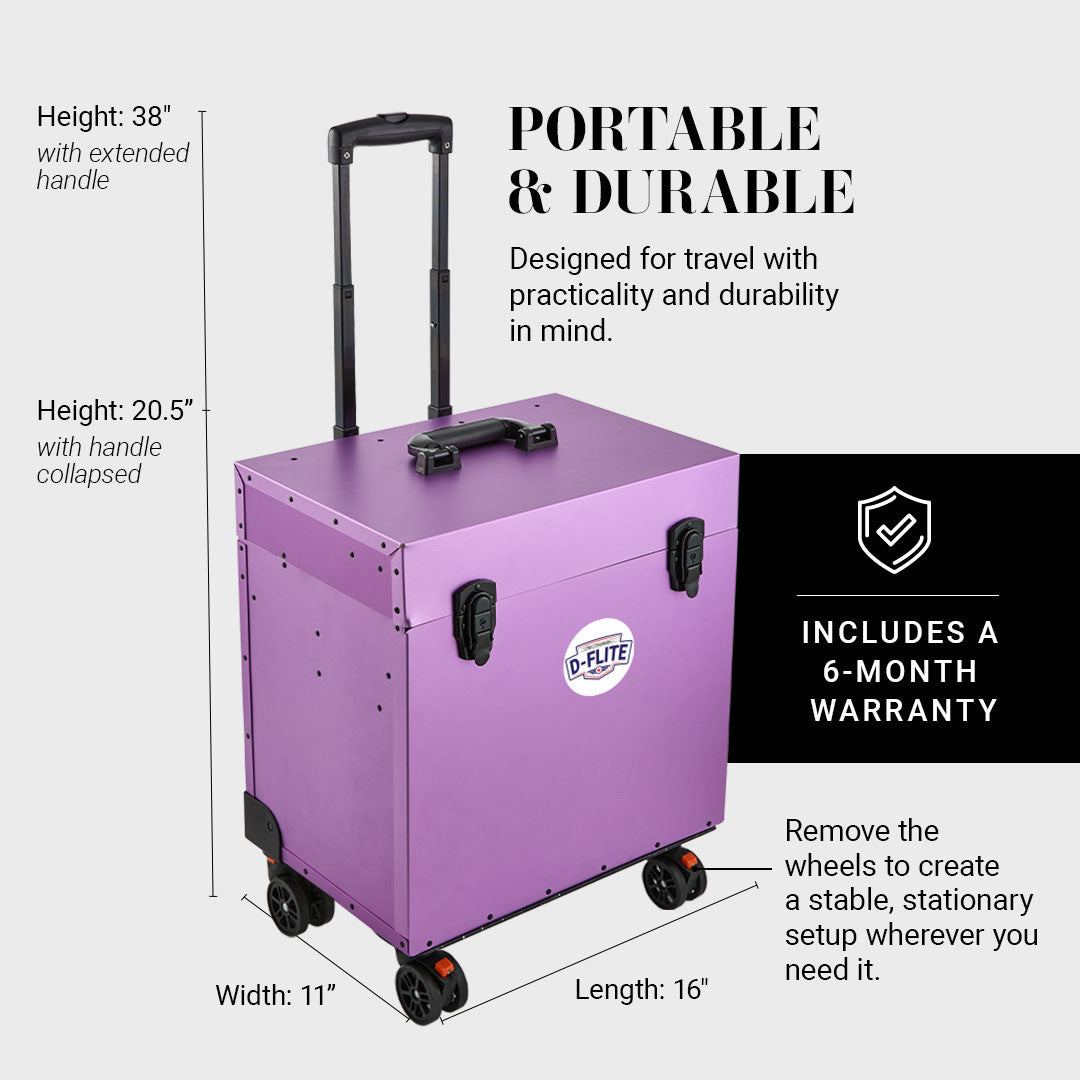 Portable & Durable: designed for travel with practicality and durability in mind. Includes a 6-month warranty. Remove the wheels to create a stable, stationary setup wherever you need it.