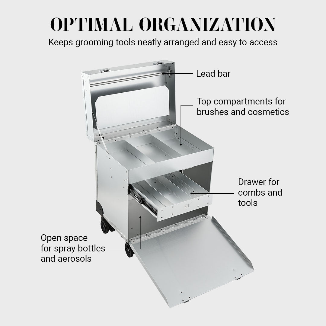 Optimal organization: Keeps grooming tools neatly arranged and easy to access. Lead bar, top compartments for brushes and cosmetics, drawer for combs and tools, open space for spray bottles and aerosols.