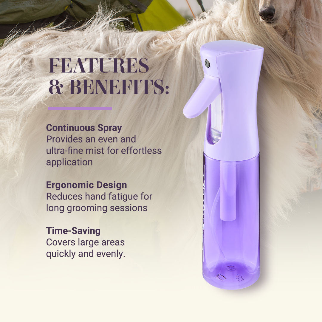 Features and Benefits: Continuous Spray provides an even and ultra-fine mist for effortless application. Ergonomic Design: Reduces hand fatigue for long grooming sessions. Time-Saving: Covers large areas quickly and evenly.
