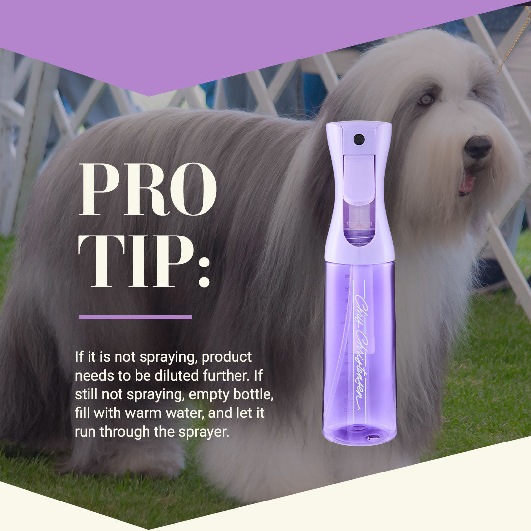 Pro Tip: If it is not spraying, product needs to be diluted further. If still not spraying, empty bottle, fill with warm water, and let it run through the sprayer.