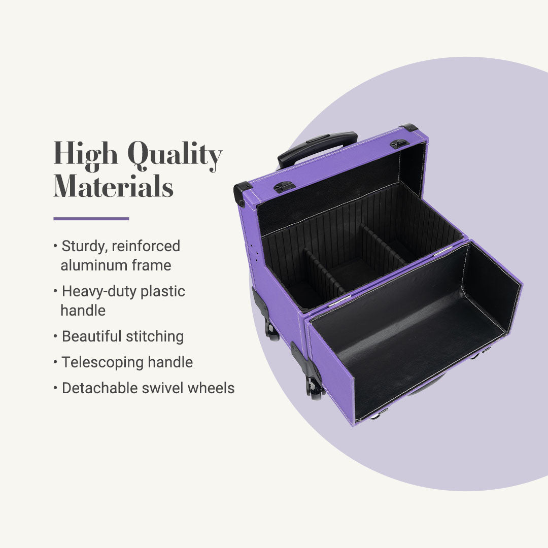 High quality materials: sturdy, reinforced aluminum frame, heavy-duty plastic handle, beautiful stitching, telescoping handle, detachable swivel wheels.