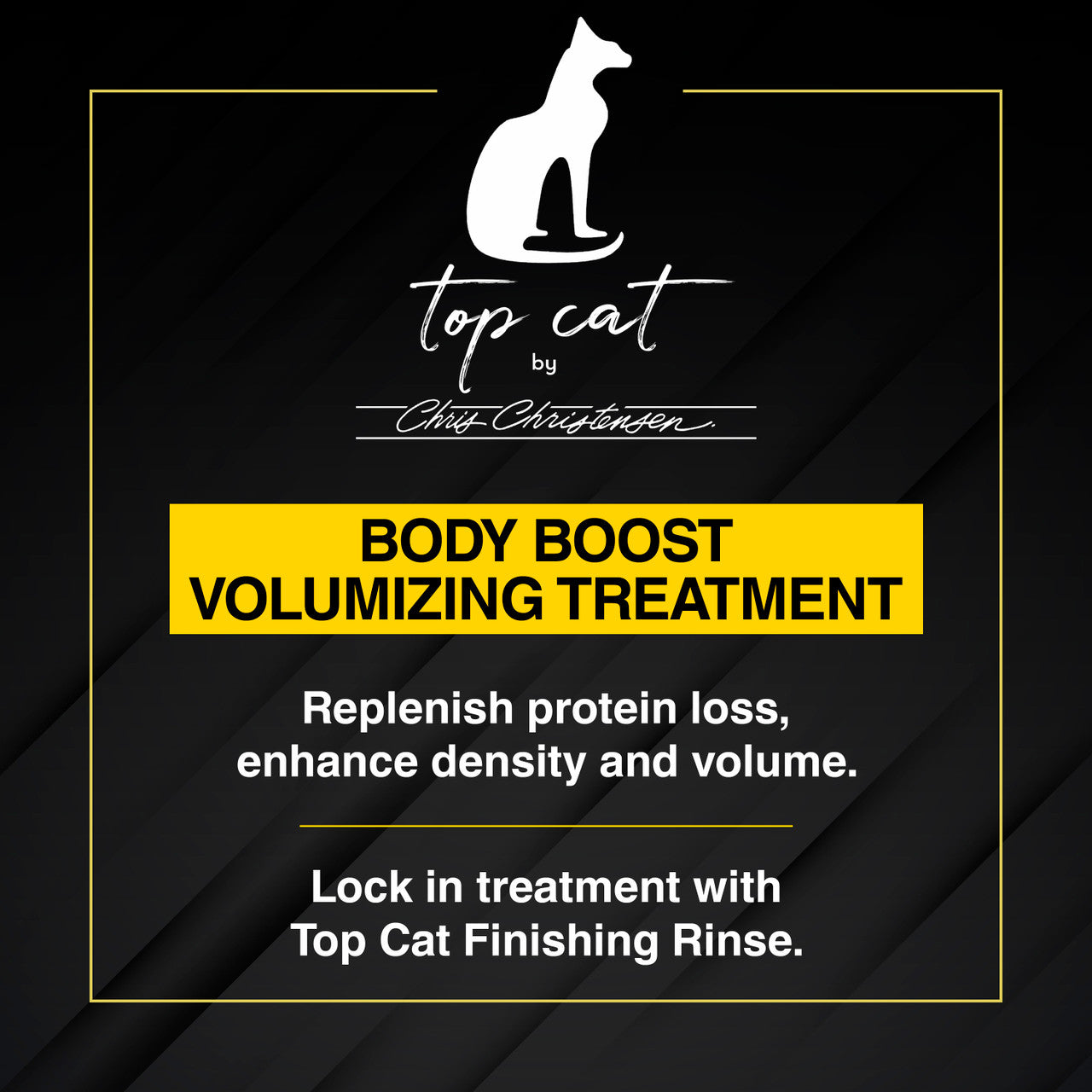 Chris Christensen Top Cat Body Boost replenishes protein loss, enhance density and volume. Lock in treatment with Top Cat Finishing Rinse.