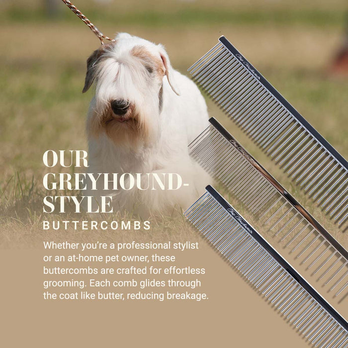 Chris Christensen Greyhound-Style Buttercombs: Whether you're a professional stylists or an at-home pet owner, these buttercombs are crafted for effortless grooming. Each comb glides through the coat like butter, reducing breakage. 