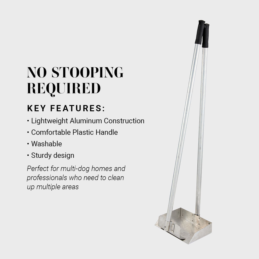 No stooping required! Key features: lightweight aluminum construction, comfortable plastic handle, washable, sturdy design. Perfect for multi-dog homes and professionals who need to clean up multiple areas.