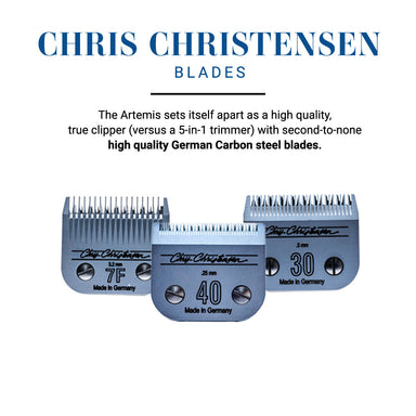 Chris Christensen Blades - The Artemis sets itself apart as a high quality, true clipper (versus a 5-in-1 trimmer) with second-to-none high quality German Carbon Steel Blades. 