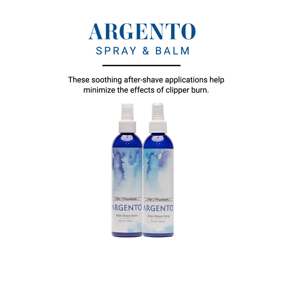 Argento Spray & Balm - these soothing after-shave applications help minimize the effects of clipper burn. 
