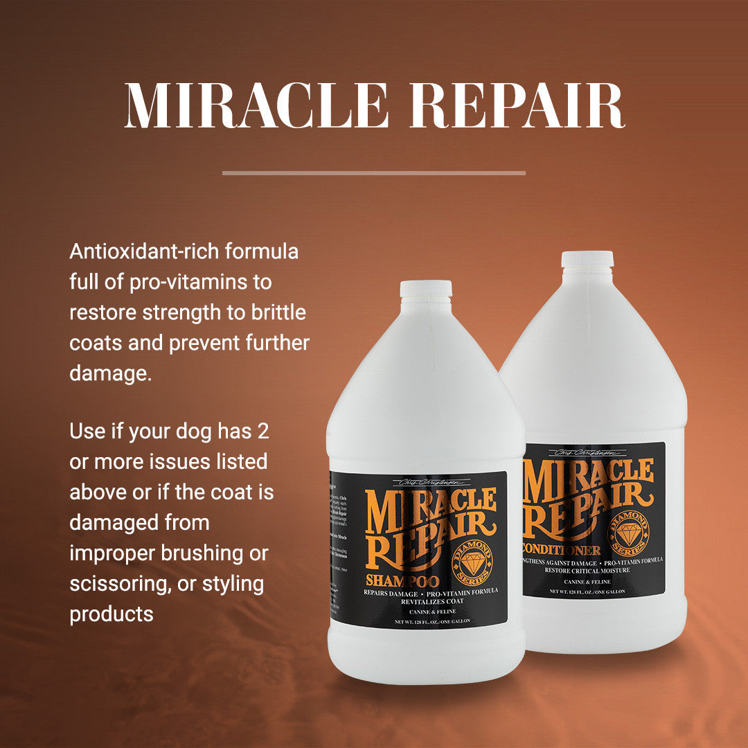 Miracle Repair: Antioxidant-rich formula full of pro-vitamins to restore strength to brittle coats and prevent further damage. Use if your dog has 2 or more issues listed above or if the coat is damaged from improper brushing or scissoring, or styling products. 