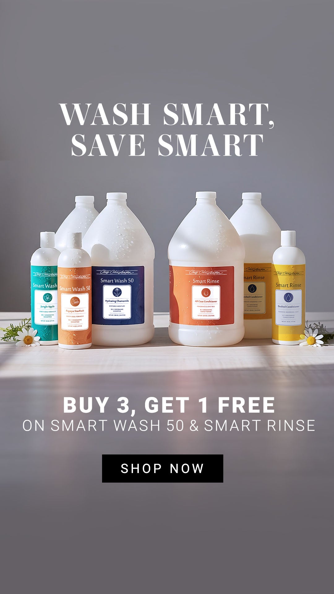 Bottles of smart wash and rinse products with promotional text on a gray background