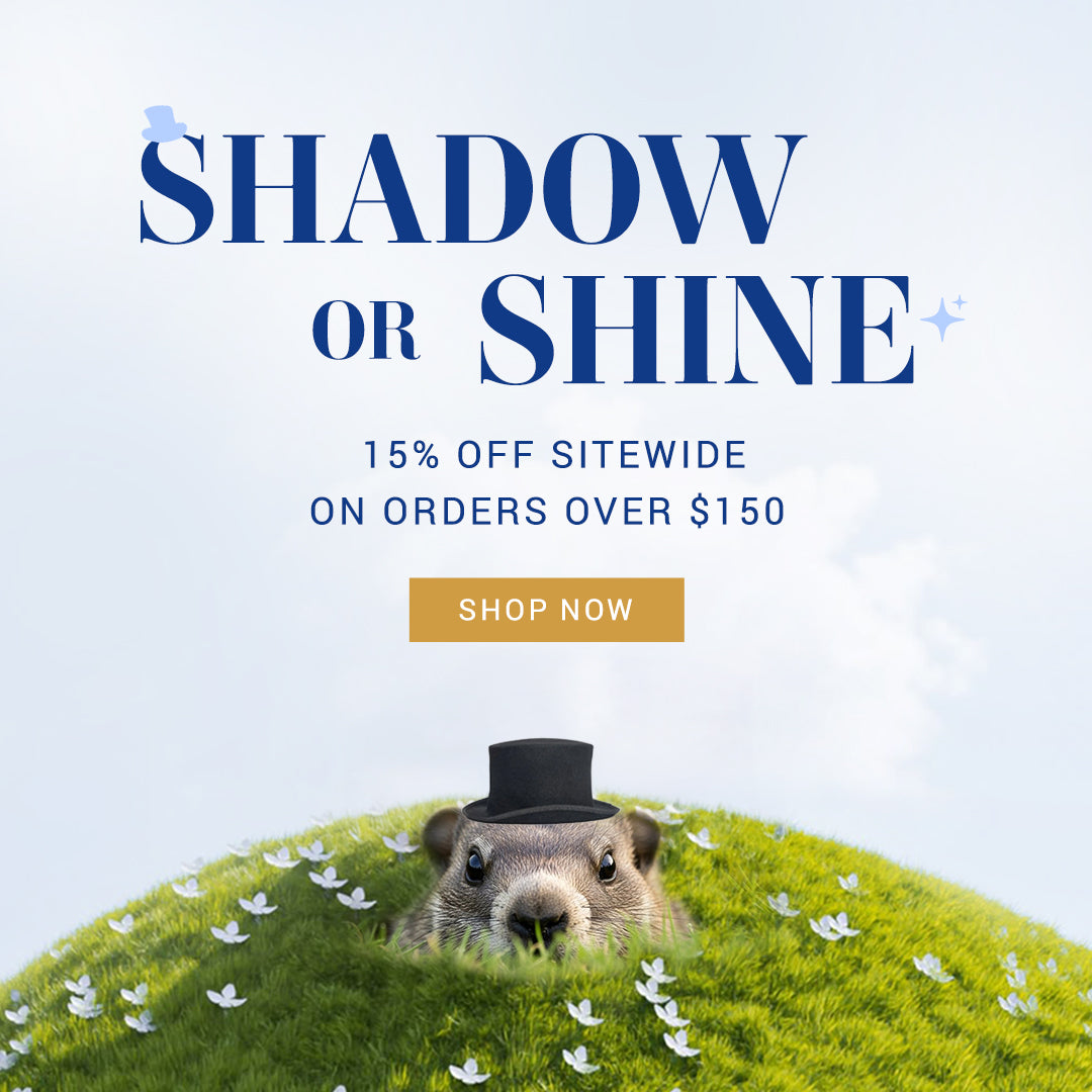 Groundhog wearing a top hat on grass with flowers, promotional text overlay for sale.