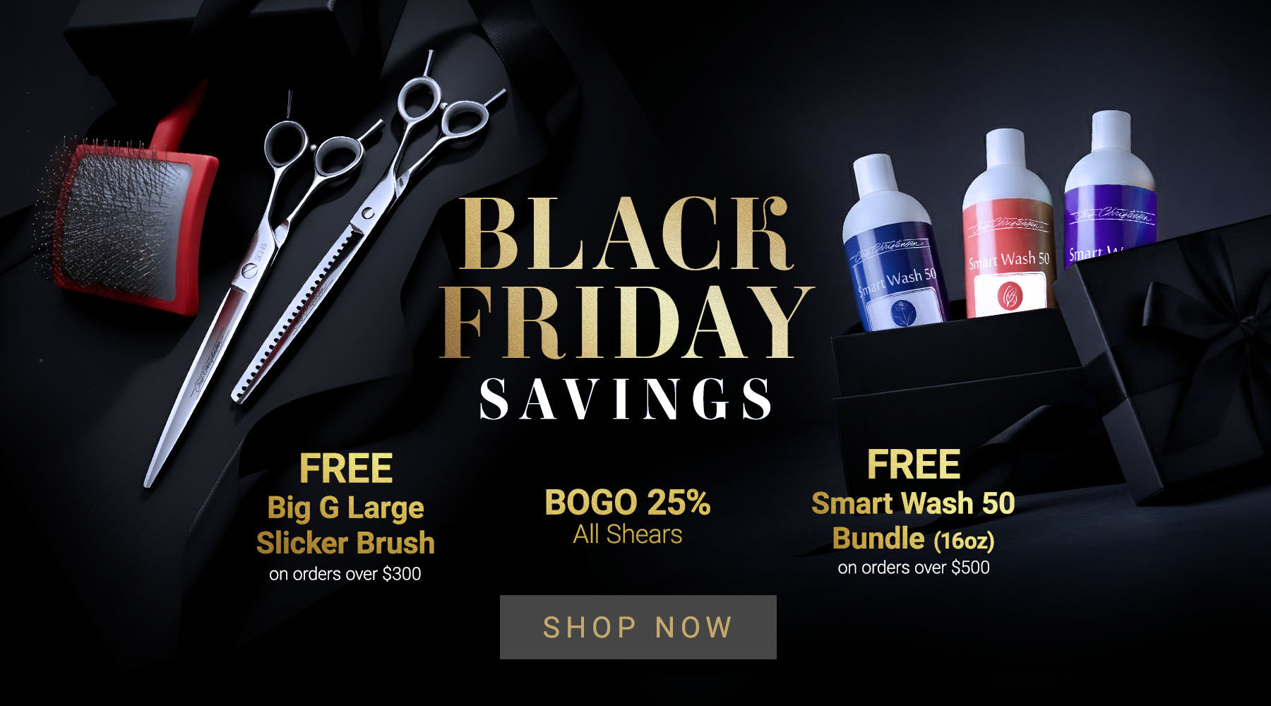 Black Friday sale advertisement with dog grooming tools and products on a dark background
