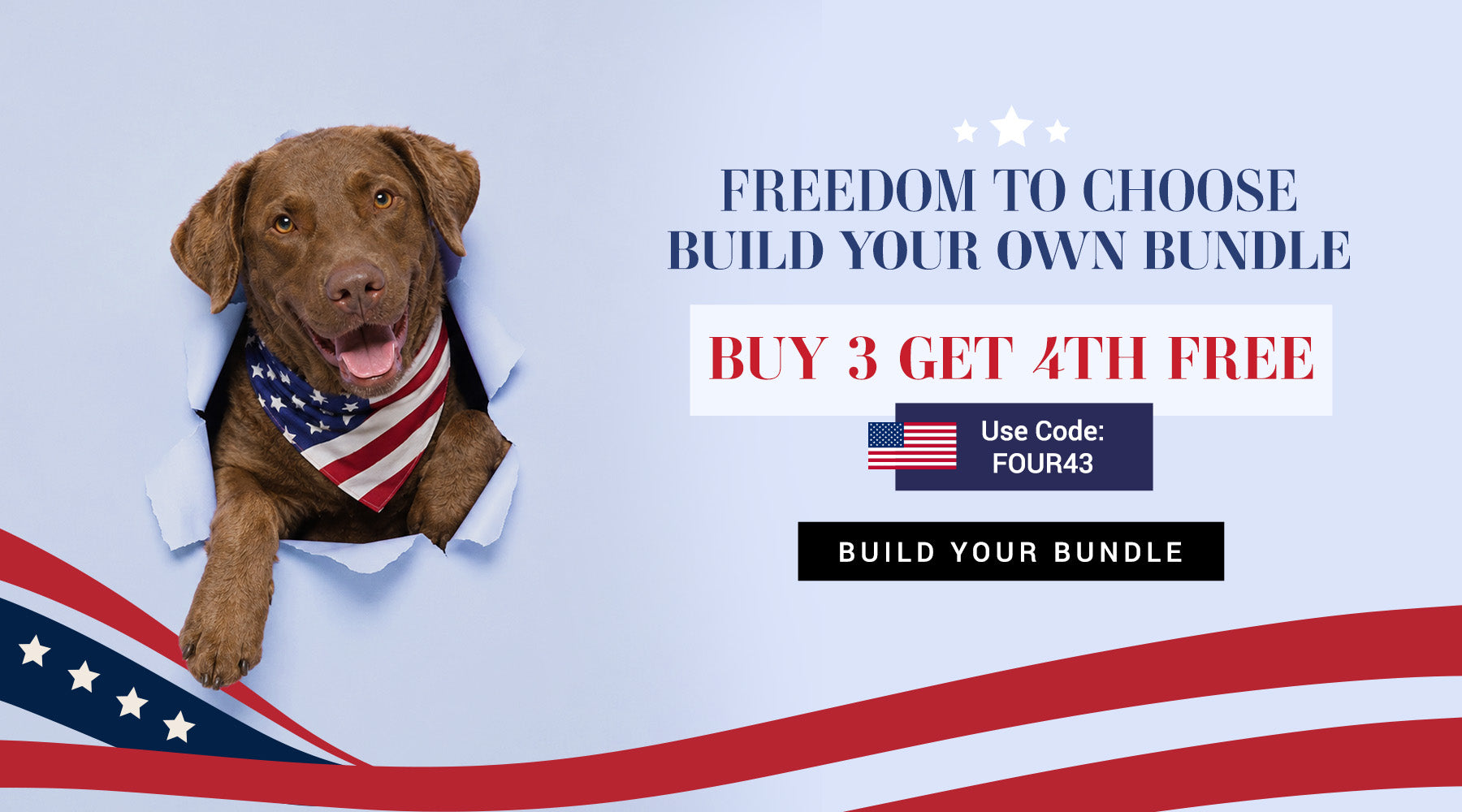 Dog wearing an American flag bandana with promotional text for a product bundle on a blue background.