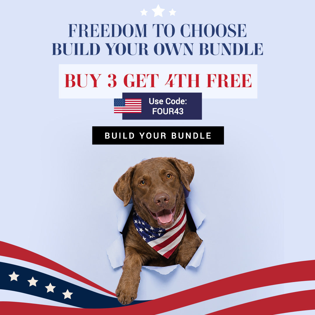 Promotional graphic with a dog wearing an American flag bandana on a blue background with text and graphics.