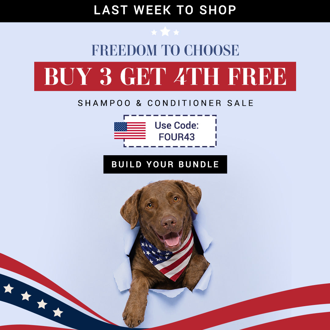 Promotional graphic for a pet shampoo and conditioner sale with text reading 'Last Week to Shop,' 'Freedom to Choose,' 'Buy 3 Get 4th Free,' and 'Use Code: FOUR43.' A brown dog wearing an American flag bandana appears through a torn-paper effect on a pale blue background with red, white, and blue patriotic corner graphics.