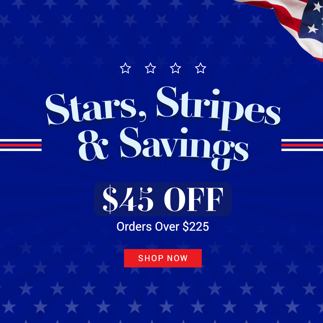 Promotional graphic with 'Stars, Stripes & Savings' offer on a blue background with American flag elements.
