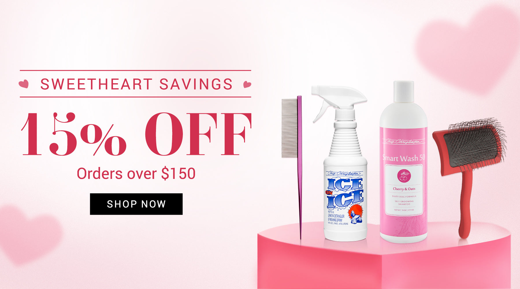 Pet care products with promotional text on a pink background