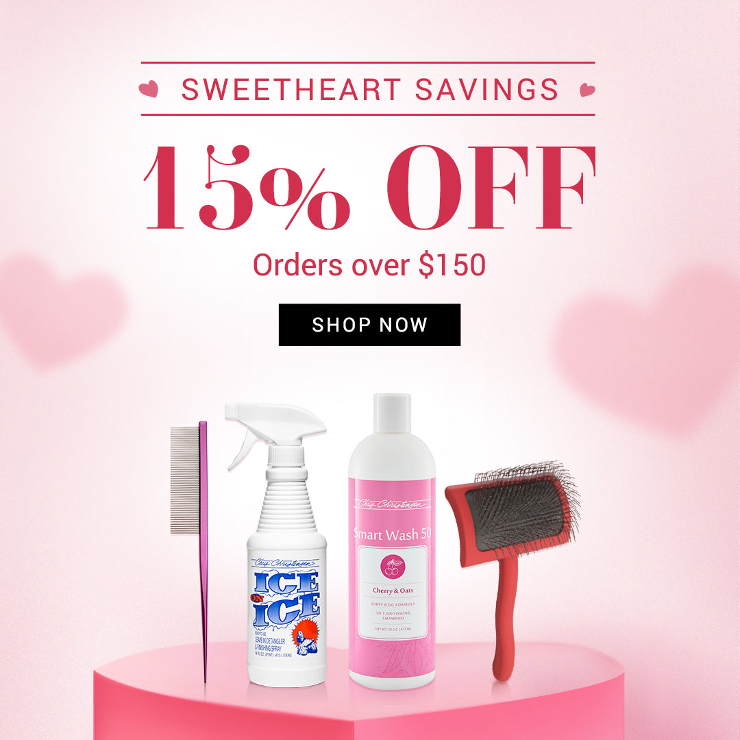Promotional graphic with pet care products and 'Sweetheart Savings' offer on a pink background.