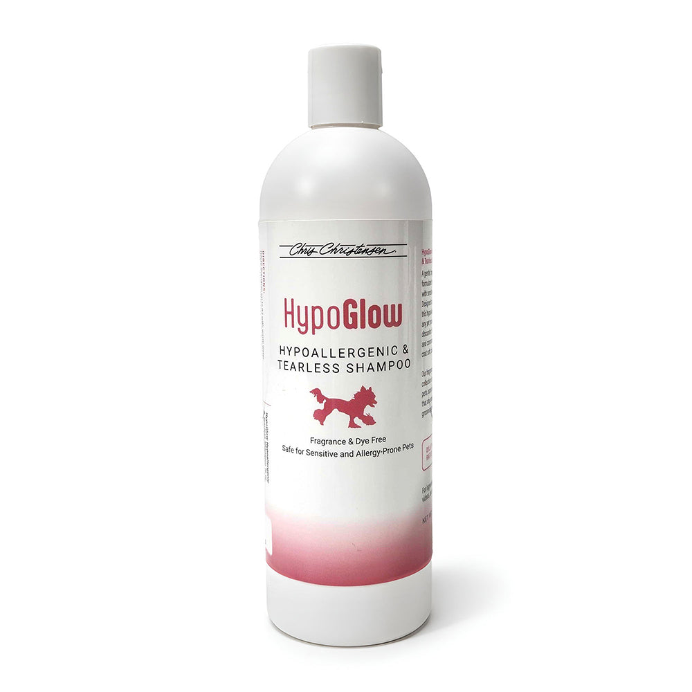 Hypoallergenic dog shampoo bottle with gradient label on a white background