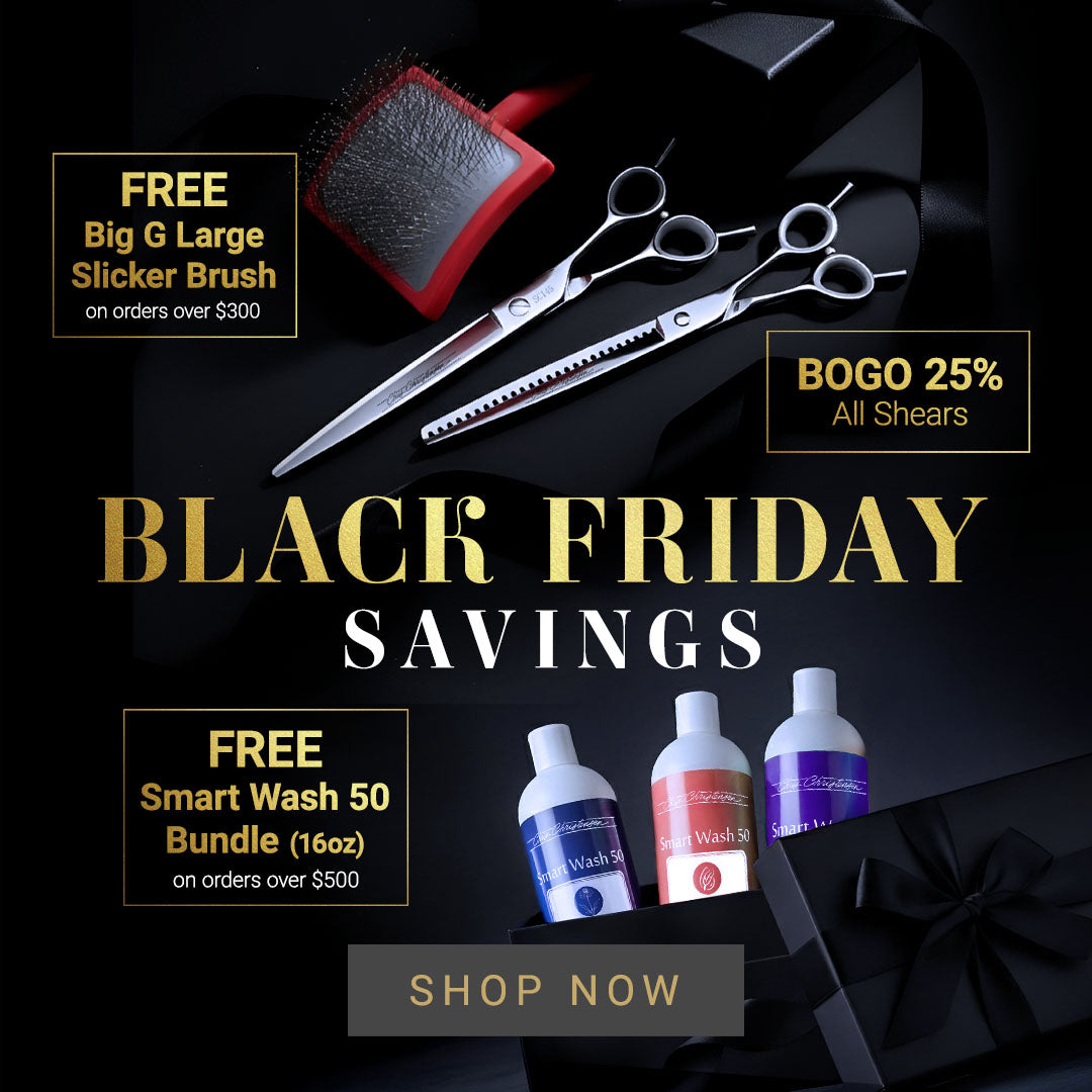 Black Friday sale advertisement with dog grooming tools and products on a dark background