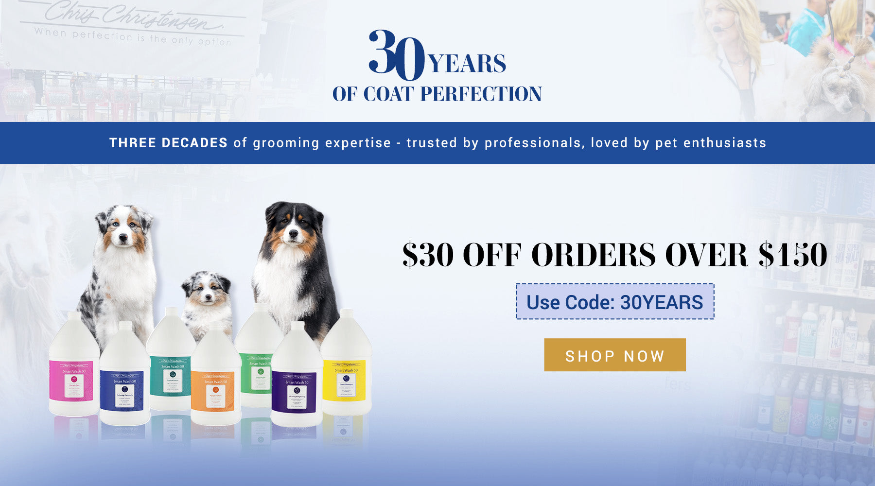 Advertisement for pet grooming products with dogs and bottles on a blue background, featuring a promotion code.