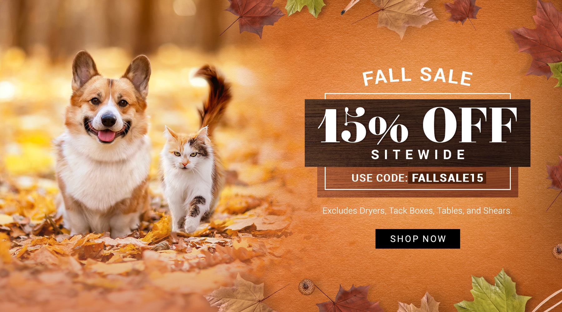 Promotional fall sale graphic with a corgi and a cat walking among autumn leaves outdoors, alongside large text reading 'FALL SALE', '15% OFF SITEWIDE', a use code, and a 'SHOP NOW' button.
