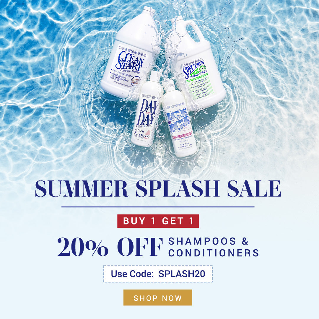 Promotional banner for a summer splash sale featuring Chris Christensen shampoo and conditioner bottles on a water-textured background, with text offering buy 1 get 1 and 20% off, plus a use code and shop now button.