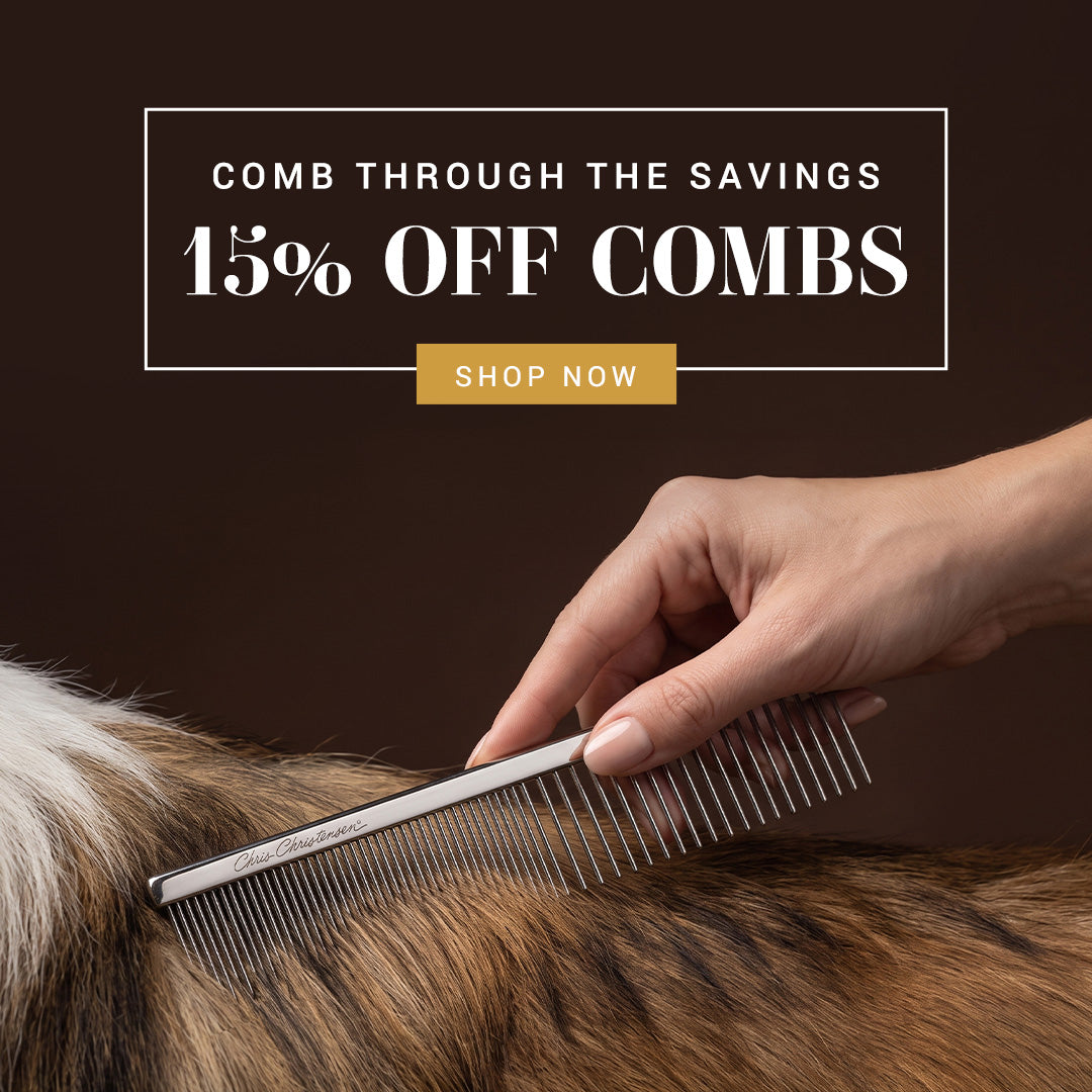 A close-up of a hand combing a dog's coat with a silver metal comb, next to a promotional banner that reads 'COMB THROUGH THE SAVINGS 15% OFF COMBS' with a gold 'SHOP NOW' button.