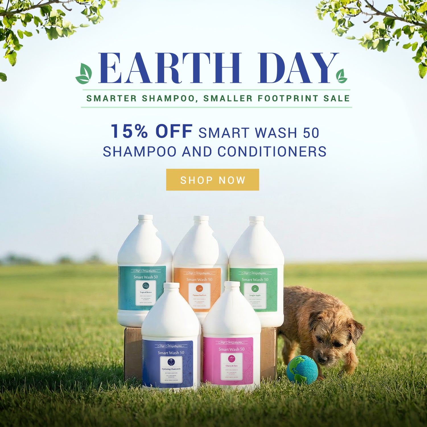 Promotional image for Earth Day with smart wash shampoo and conditioners on a grassy field.