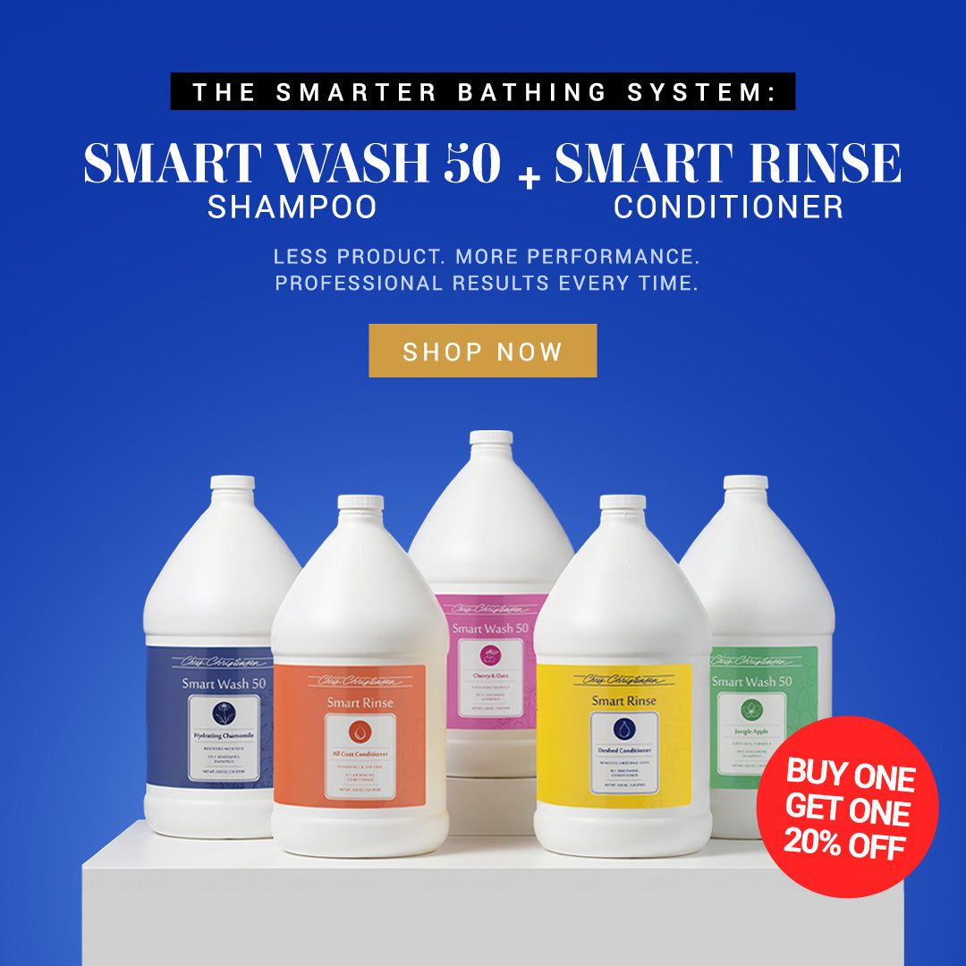 Five white plastic jugs of Smart Wash 50 and Smart Rinse conditioner/shampoo from The Smarter Bathing System are displayed on a white pedestal against a blue background, with promotional text and a red 'Buy One Get One 20% Off' badge.