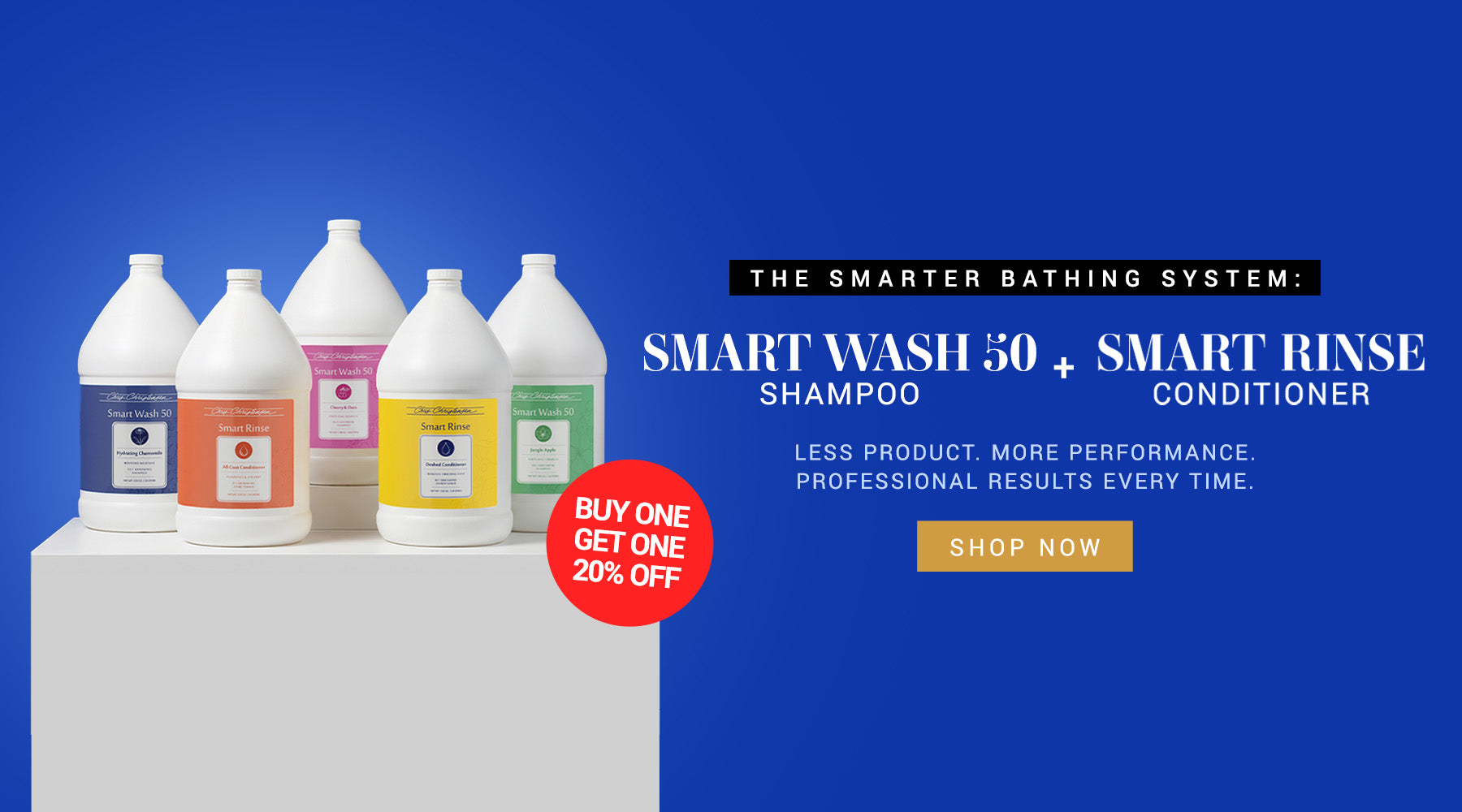 Five white plastic jugs of Smart Wash 50 and Smart Rinse conditioner/shampoo from The Smarter Bathing System are displayed on a white pedestal against a blue background, with promotional text and a red 'Buy One Get One 20% Off' badge.