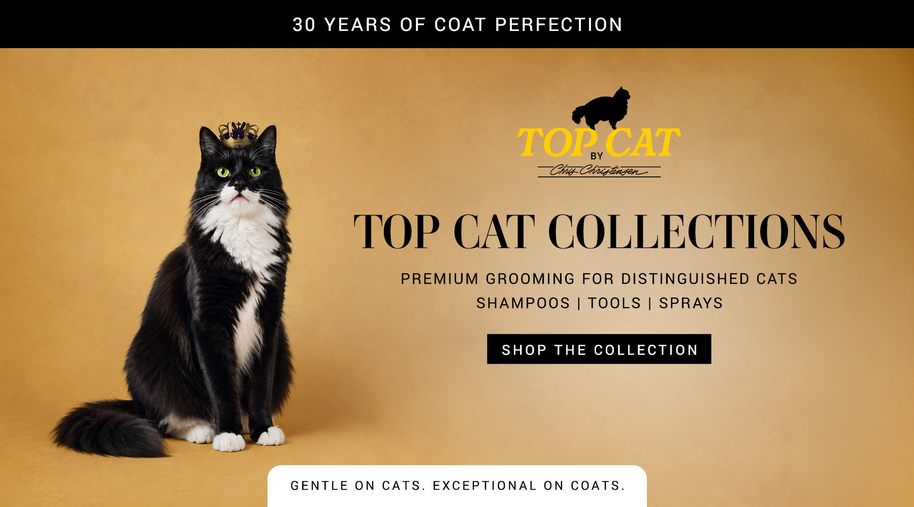 Advertisement for Top Cat grooming products featuring a black and white cat on a beige background.