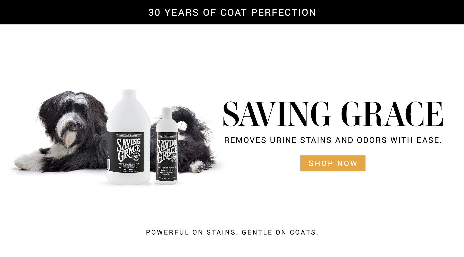 Advertisement for 'Saving Grace' pet care product with a dog and bottles on a white background.