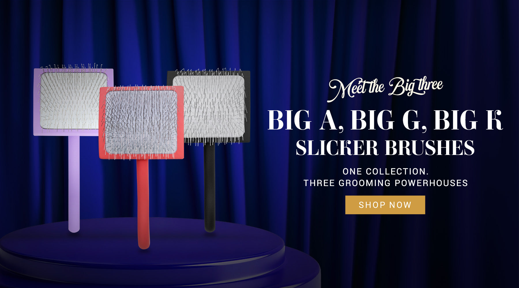 Three slicker brushes with rectangular white bristle heads and colored handles stand on a dark pedestal in front of a deep blue curtain backdrop. The brushes have light purple, coral-red, and black handles.