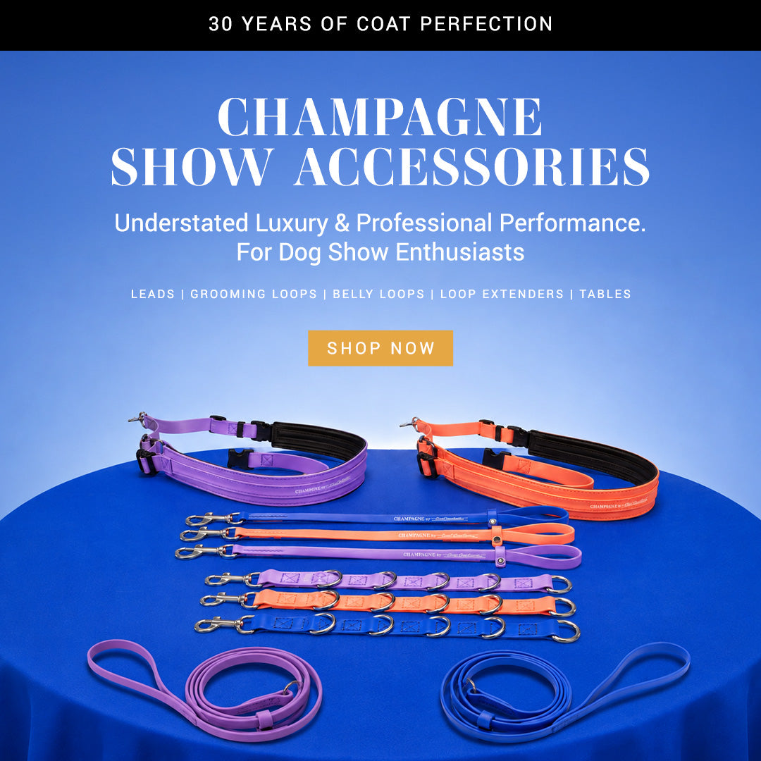 Dog show accessories including leads and loops on a blue tablecloth with promotional text.