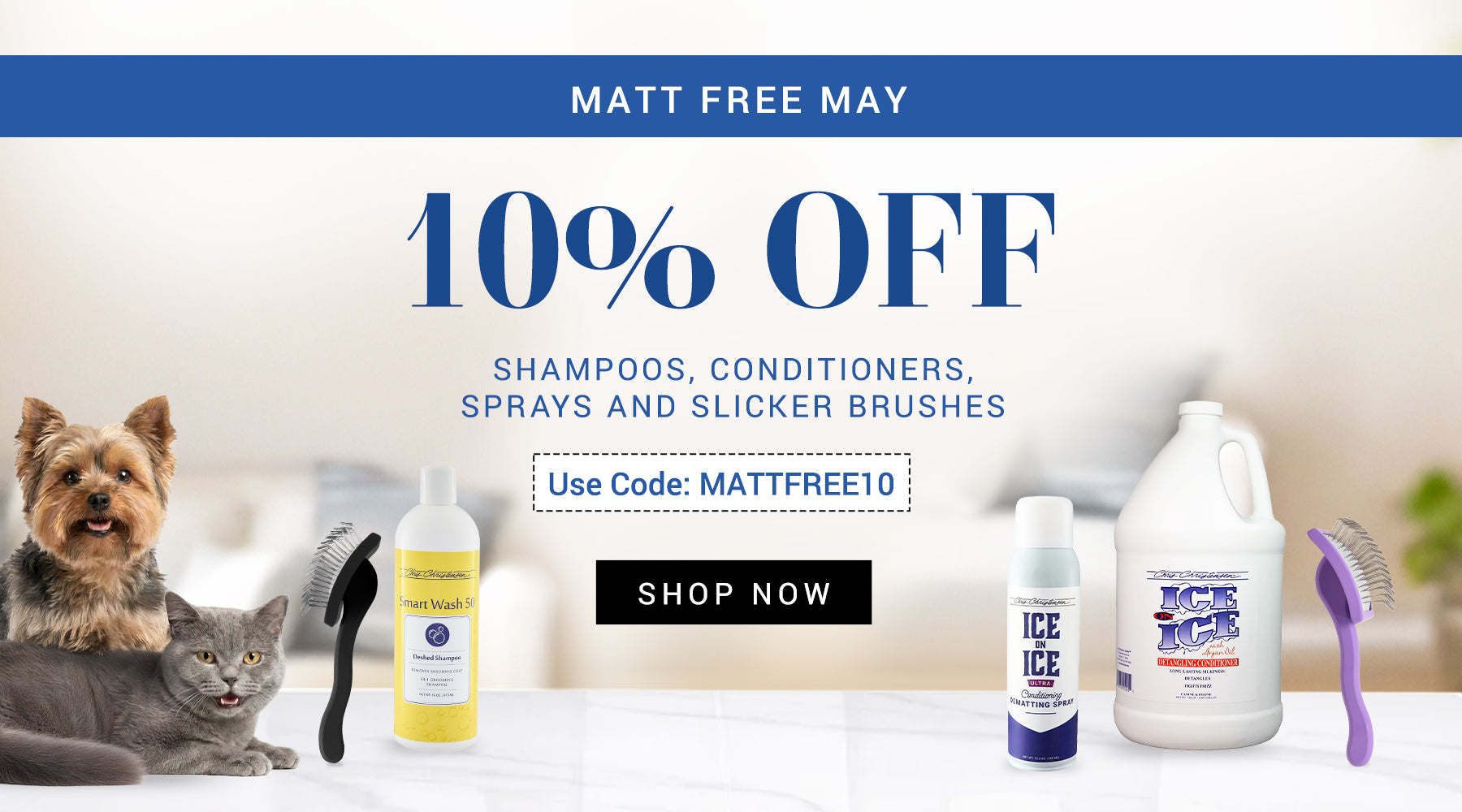 Promotional banner for pet care products with a dog, cat, and various bottles on a white surface.