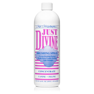 Bottle of 'Just Divine' brushing spray for pets on a white background