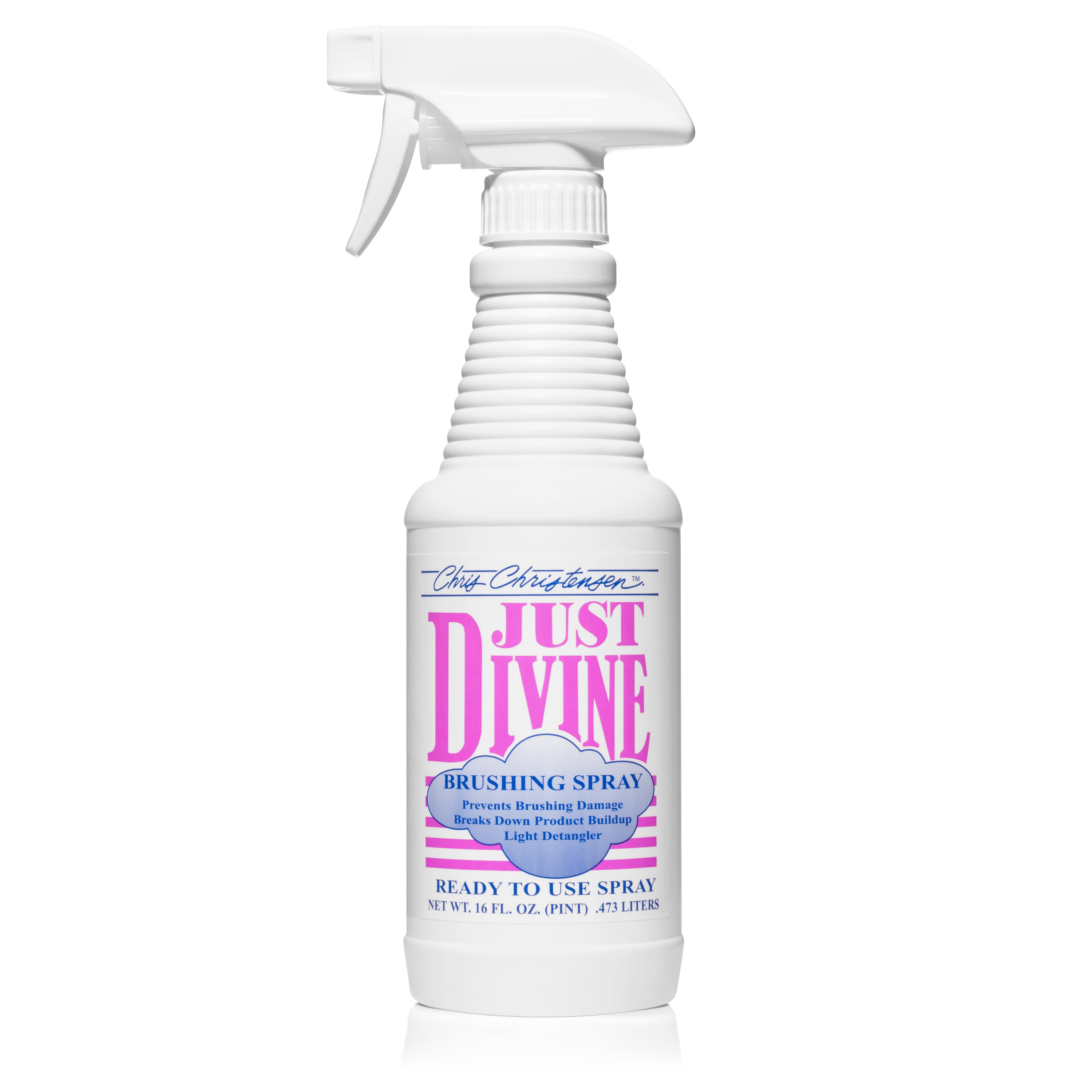 White spray bottle labeled 'Just Divine' on a white background