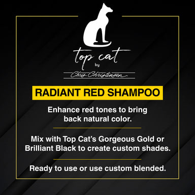 Chris Christensen Top Cat Radiant Red Shampoo enhances red tones to bring back natural color. Mix with Top Cat's Gorgeous Gold or Brilliant Black for custom tones. Ready to use formula or use custom blended.