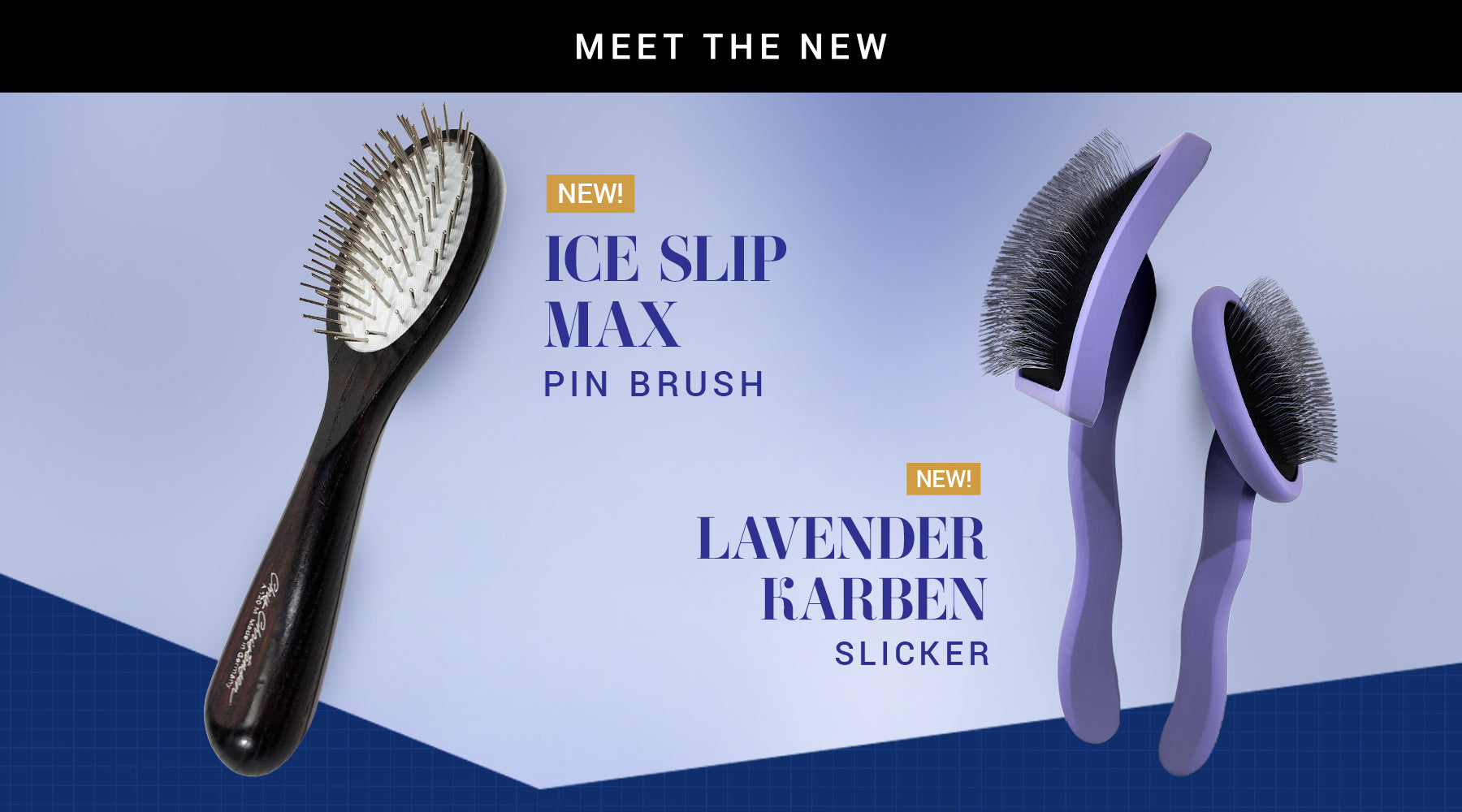 Two dog grooming brushes, one black and one purple, on a blue background with text indicating new product names.