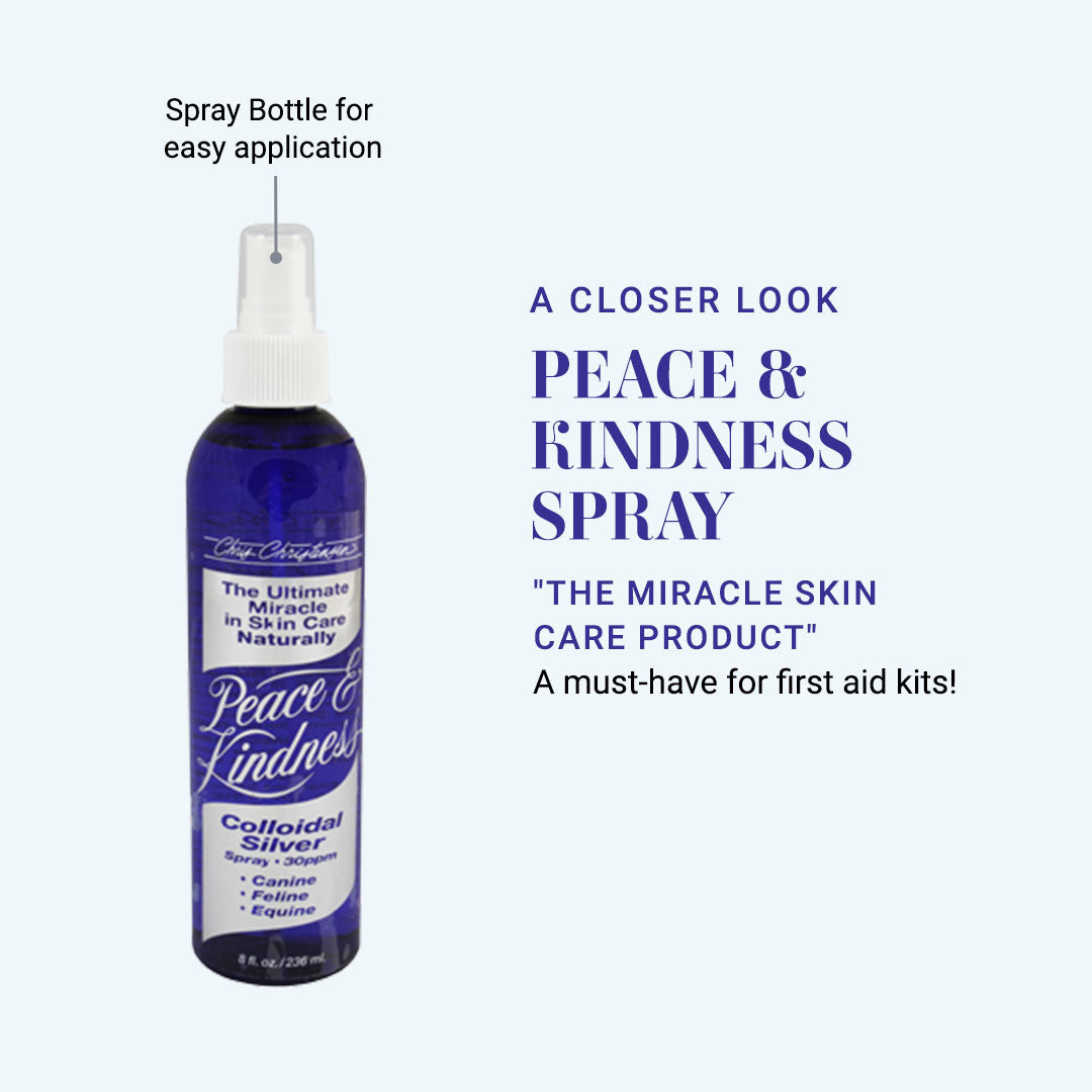 A closer look: Peace & Kindness Spray "The Miracle Skin Care Product" A must-have for first aid kids. Spray bottle for easy application. 